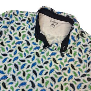Good Good Golf Polo Men Large White Blue Green Paisley Performance Shirt Stretch